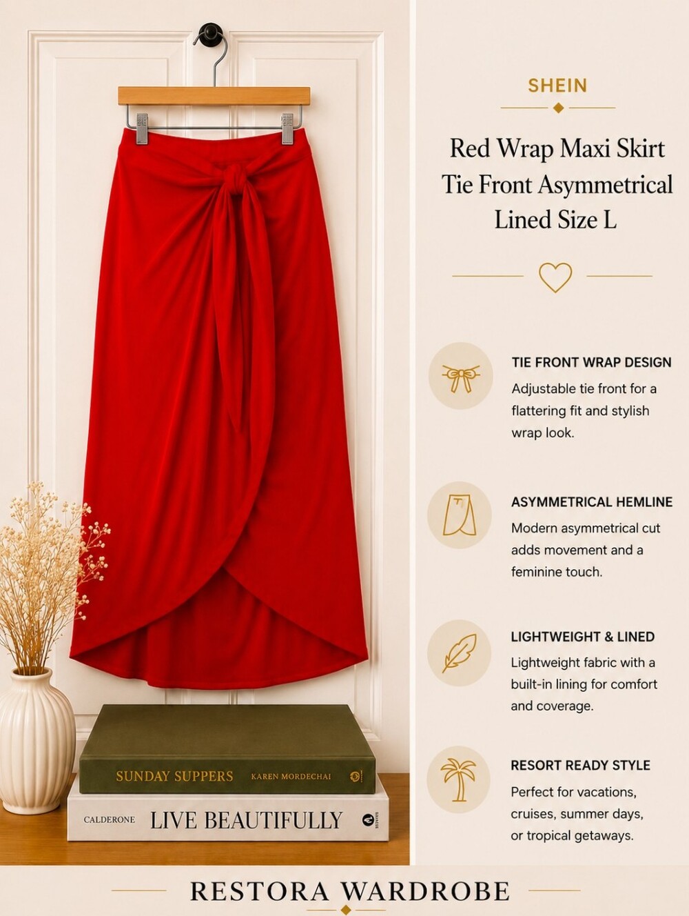 SHEIN Red High Waist Wrap Maxi Skirt Size L Asymmetrical Draped Tie Front - Picture 1 of 7